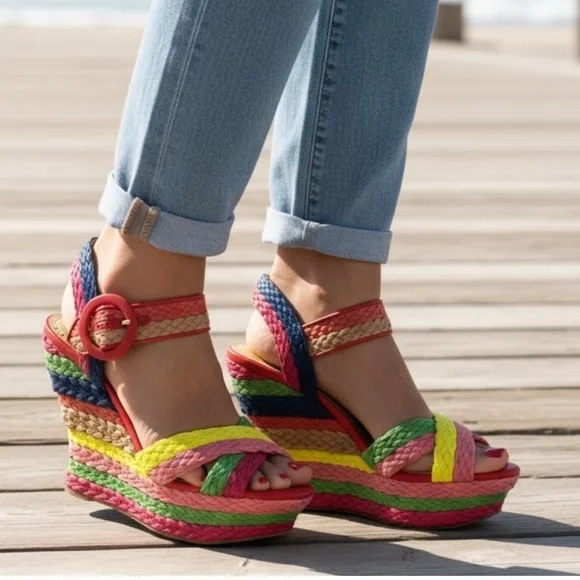 Alice + Olivia Josiey Rainbow Raffia Wedge Sandals Size 8 Colorful Platform Shoe - Picture 4 of 16